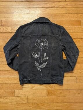 Black Denim Jacket with White Floral Back Embroidery